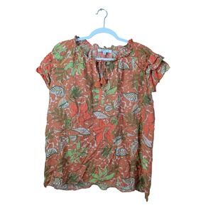 Rose Olive Womens Size XL Orange Floral Boho Blouse Top with Front Tie Tassels